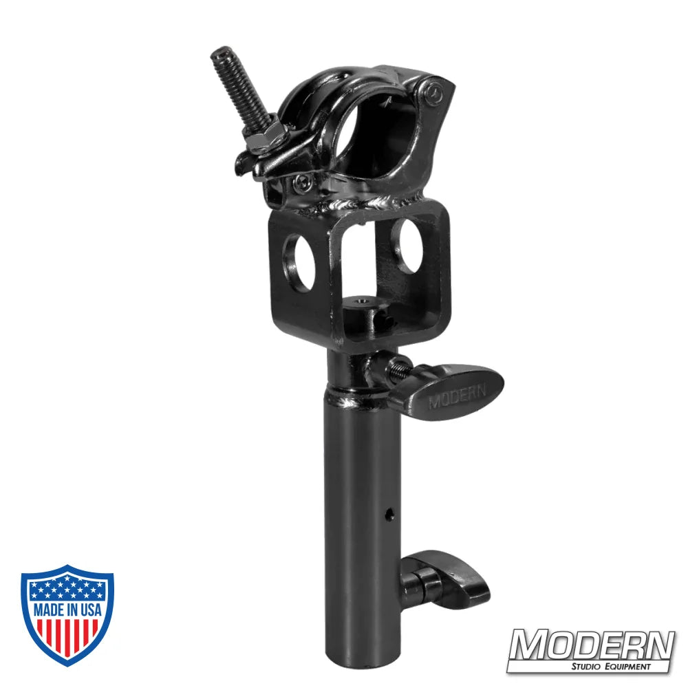 Grid clamp with junior swivel receiver, black zinc with nut, for film grip rigging, works with aluminum Speed-Rail®.