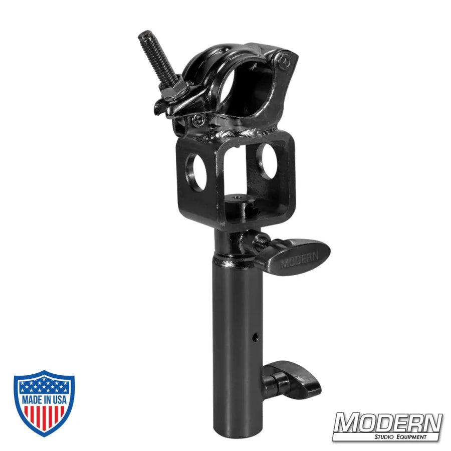 Grid clamp with junior swivel receiver, black zinc with nut, for film grip rigging, works with aluminum Speed-Rail®.