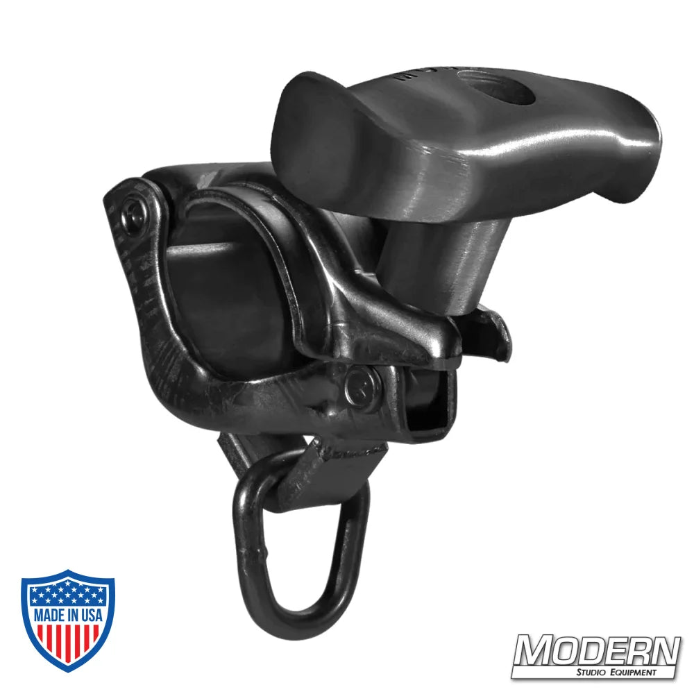 Black Zinc Grid Clamp with Swivel D-Ring and Spin Handle for Film Grip and Rigging Equipment