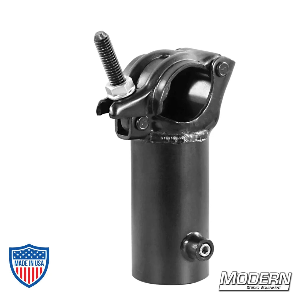 Steel grid clamp with vertical 1-1/2" Speed-Rail® receiver in black zinc with nut for film grip rigging.