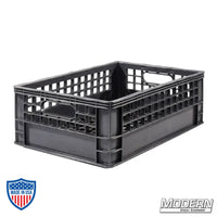 Industry grade plastic half milk crate for film grip and rigging, 19" x 13" x 6.5", stackable with a clean grid bottom.
