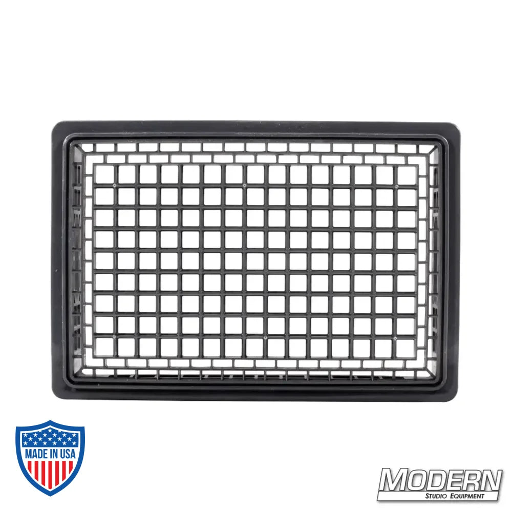 Industry grade plastic half milk crate with clean grid bottom, perfect for film grip and rigging, measures 19" x 13" x 6.5"