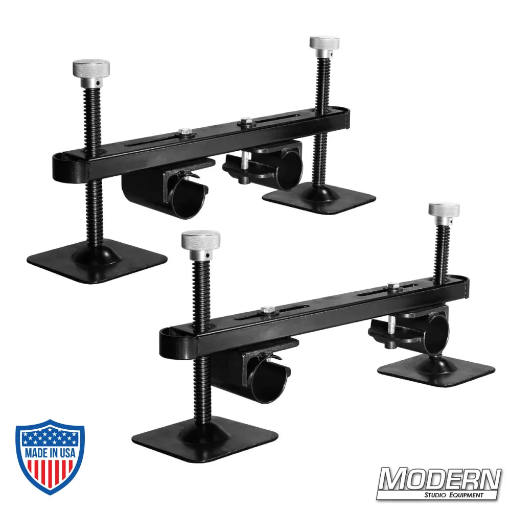 Black zinc hood mount leg assembly pair for 1-1/2" Speed-Rail®; essential for film grip and rigging equipment setup.