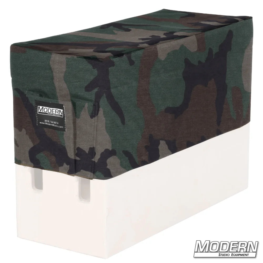 Horizontal Apple Box Seat Cover with Pocket in camouflage pattern from Modern Studio Equipment, ideal for film grip and rigging use.