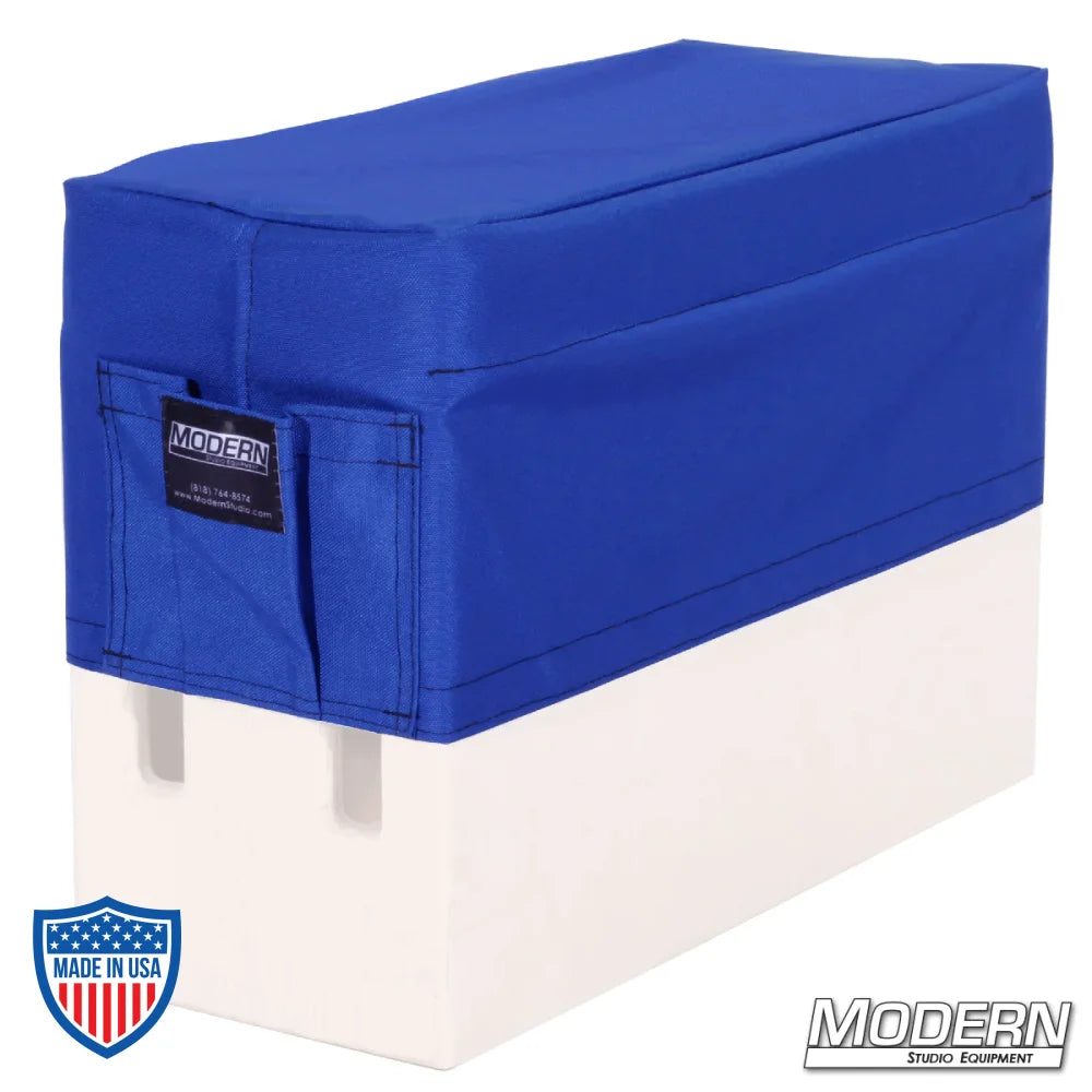 Horizontal Apple Box Seat Cover with Pocket in blue Cordura fabric for film grip and rigging.