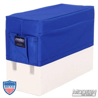 Horizontal Apple Box Seat Cover with Pocket in blue Cordura fabric for film grip and rigging.