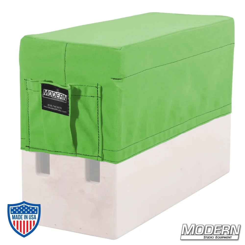 Horizontal Apple Box with green Cordura 1000 fabric seat cover, built for rigging and grip use in film sets.