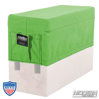 Horizontal Apple Box with green Cordura 1000 fabric seat cover, built for rigging and grip use in film sets.