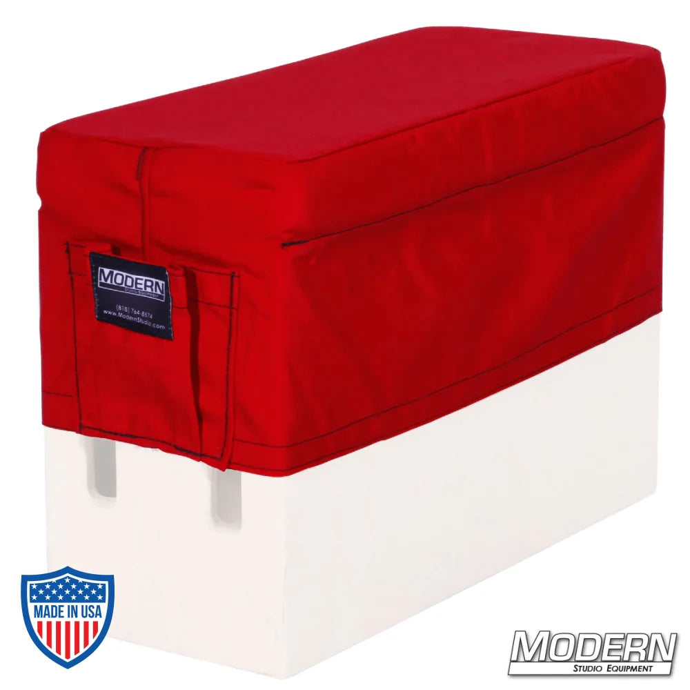 Horizontal Apple Box Seat Cover with Pocket in red made with Cordura 1000 fabric for film grip and rigging comfort