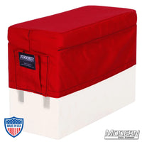 Horizontal Apple Box Seat Cover with Pocket in red made with Cordura 1000 fabric for film grip and rigging comfort