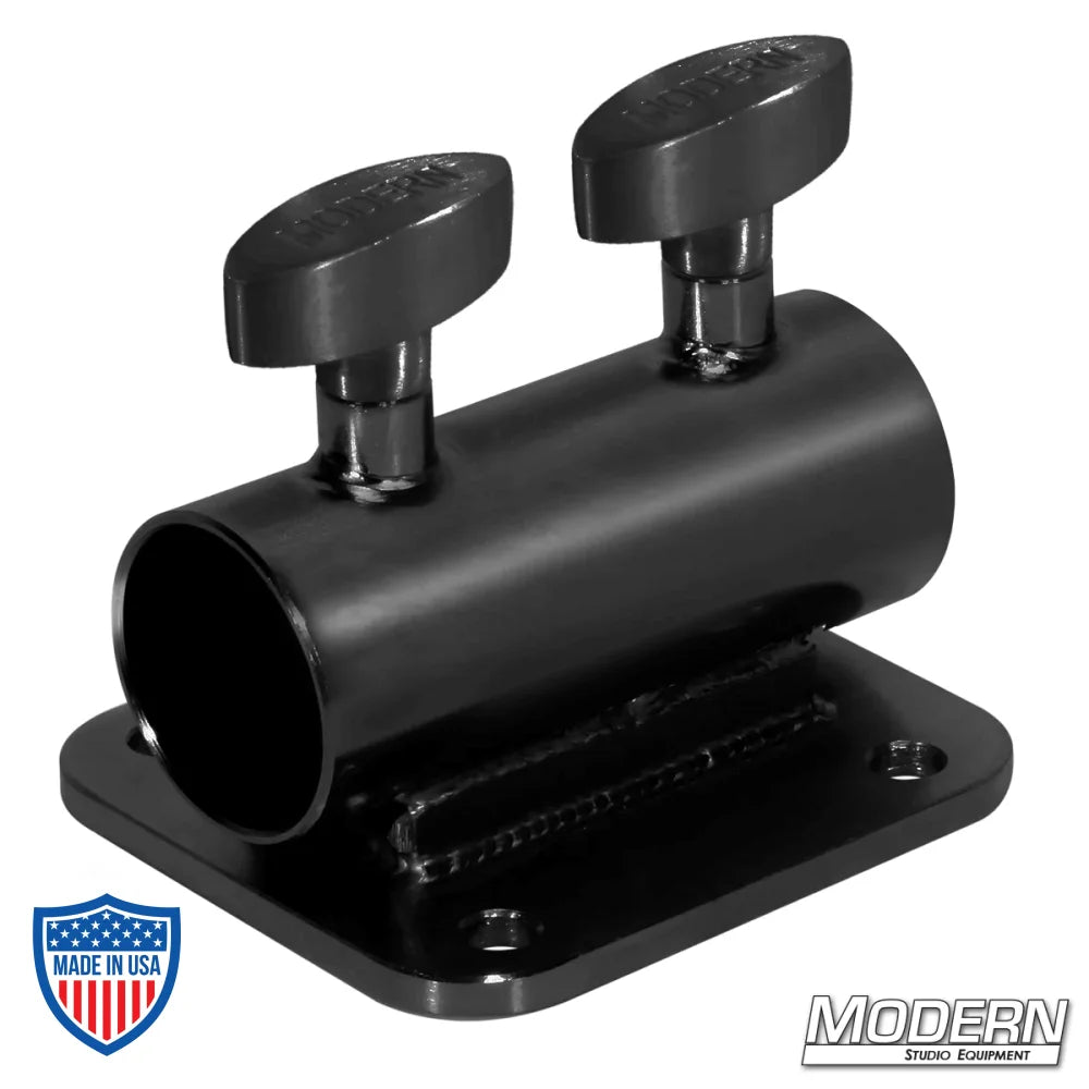 Black zinc horizontal receiver with flat plate and T-handles for 1-1/2" Speed-Rail® used in film grip and rigging.