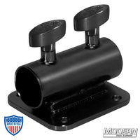 Black zinc horizontal receiver with flat plate and T-handles for 1-1/2" Speed-Rail® used in film grip and rigging.
