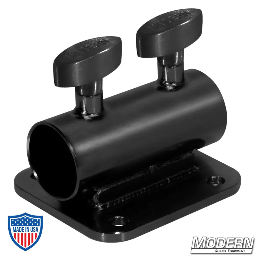 Black zinc horizontal receiver with flat plate and T-handles for 1-1/2" Speed-Rail® used in film grip and rigging.