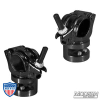 Set of two black zinc I-Beam Grid Clamps with nut for film grip and rigging, designed to adapt i-beam to aluminum pipe.