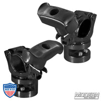 Black zinc I-Beam grid clamp set with spin handle for film grip rigging, fits 1-1/4" or 1-1/2" Schedule 40 aluminum pipe.