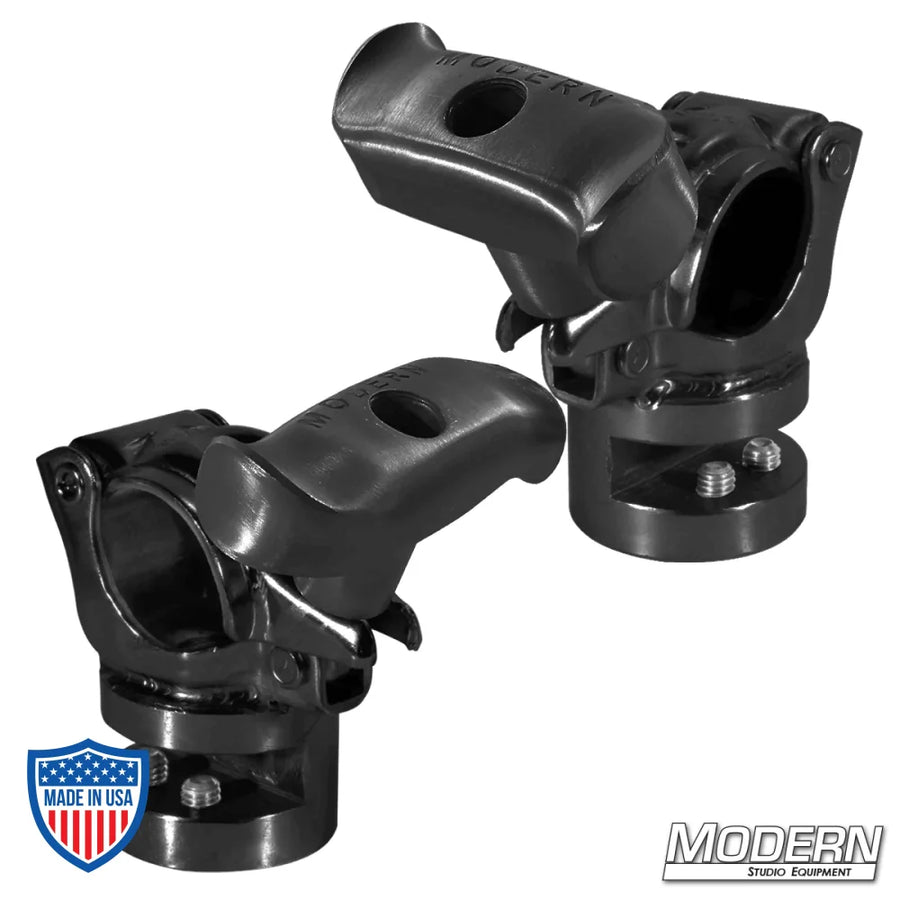 Black zinc I-Beam grid clamp set with spin handle for film grip rigging, fits 1-1/4" or 1-1/2" Schedule 40 aluminum pipe.