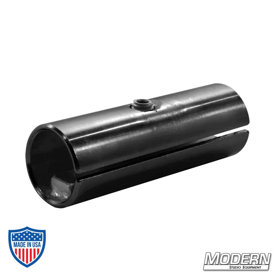 Internal track connector for 1-1/4" Speed-Rail® in black zinc, used in film grip rigging.