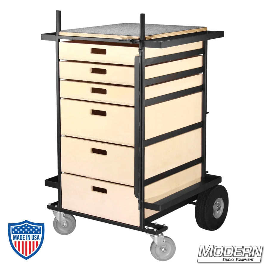 Large Grip Cart with six slide-out drawers, light stand space, spray paint rack, and casters for easy steering. Perfect for film grip rigging.