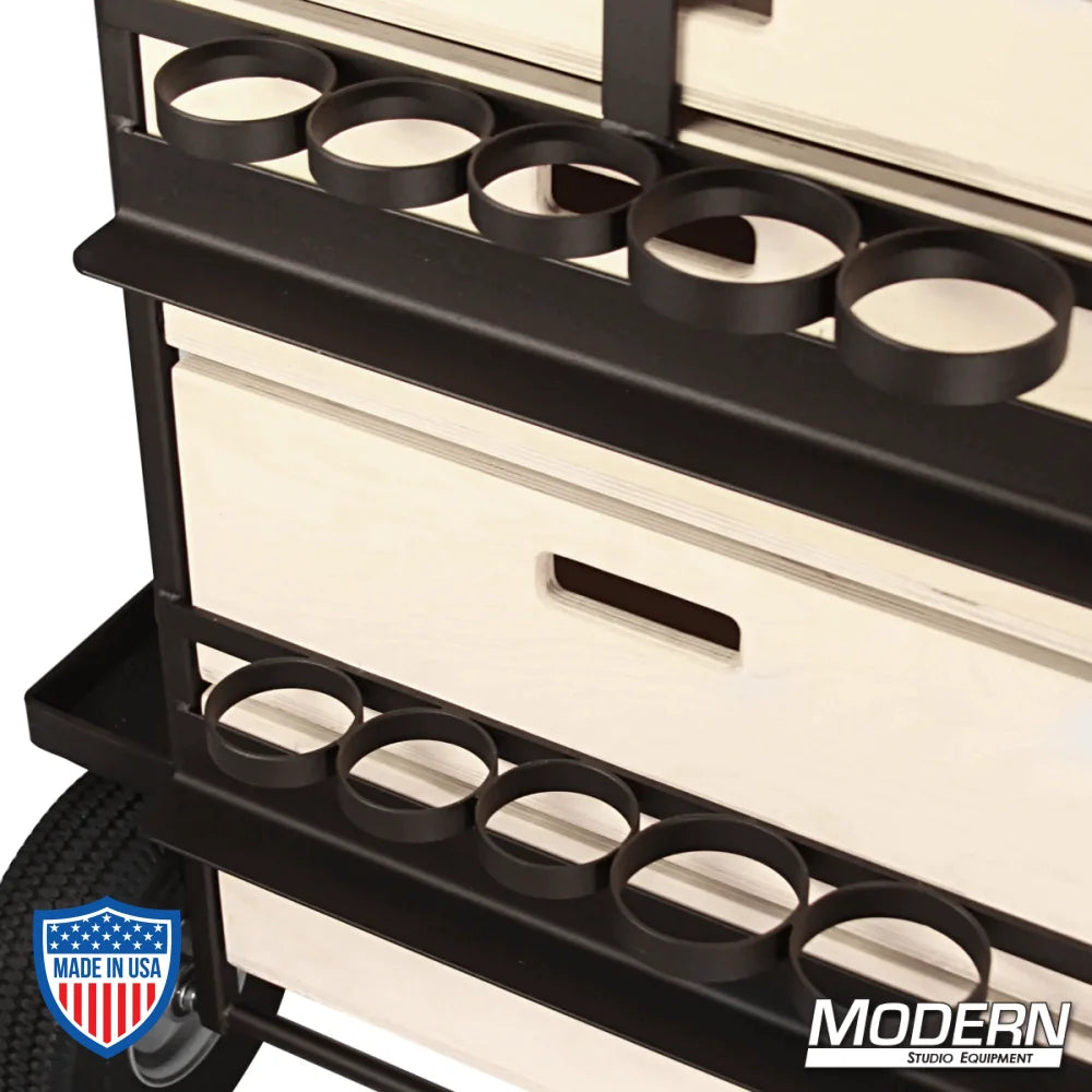 Large Grip Cart with slide out drawers and rack for film grip and rigging equipment, featuring front swivel casters with locking brake.