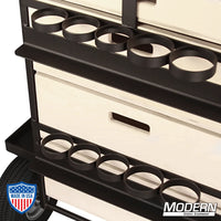 Large Grip Cart with slide out drawers and rack for film grip and rigging equipment, featuring front swivel casters with locking brake.