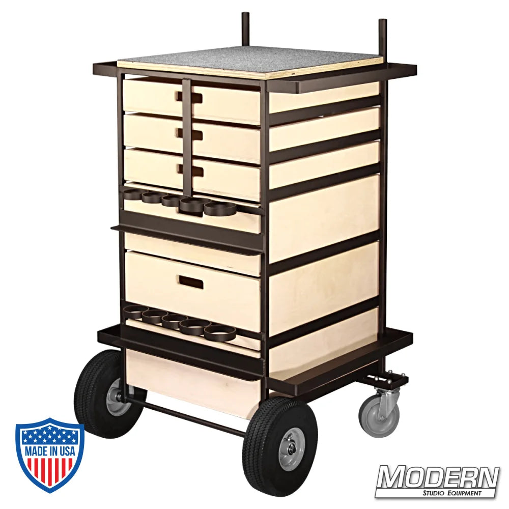 Large Grip Cart for organizing and transporting film grip rigging equipment with drawers, light stand space, caster wheels, and spray paint rack