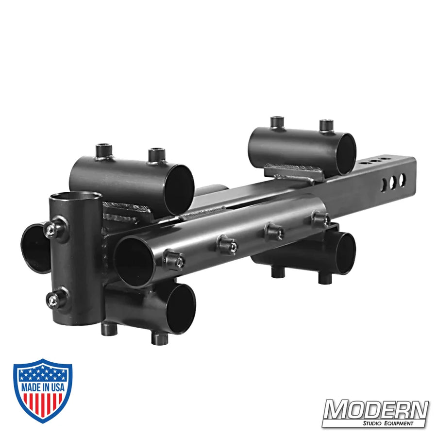 Large black zinc trailer hitch adapter for 1-1/4" Speed-Rail®, ideal for film grip and rigging, featuring multiple 1-1/4" receivers