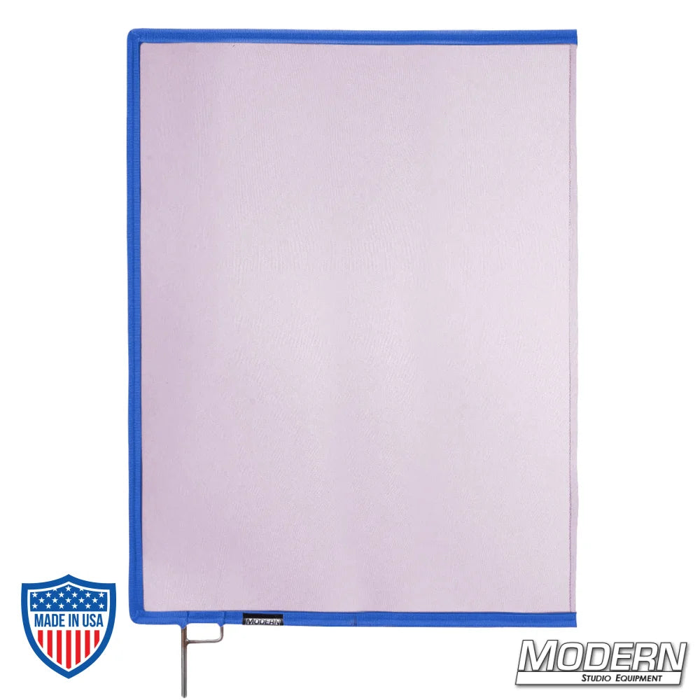 Lavender scrim with open end stainless steel frame for film grip and rigging, 0.3 stop material to subtly reduce light.