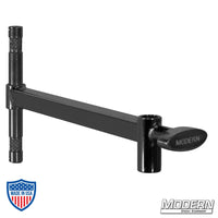 Mini Baby Offset Arm in black zinc finish, 7" with male 5/8" pin and female receiver for film grip rigging.