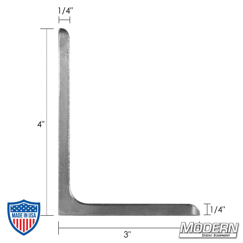 Brushed aluminum Mini Cheese L-Plate with dimensions, used for film grip and rigging, 4" long leg, 3" short leg, 1/4" thick.