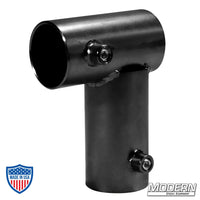 Black zinc mini corner fitting with set screws for 1-1/2" Speed-Rail®, used for 90° corners in film grip rigging and frames.
