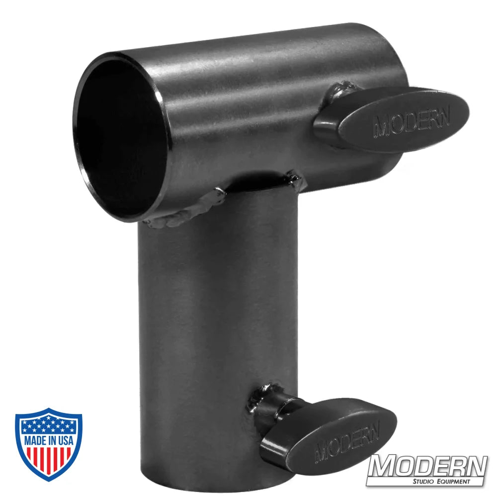 Right-angle black zinc mini corner fitting with T-handles for film rigging on 1-1/2" Speed-Rail® frame, welded for 90° pass-through.
