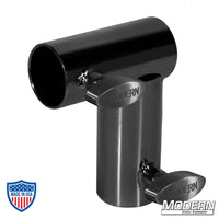 Black zinc Mini Corner for 1-1/4" Speed-Rail® with T-Handles for film grip and rigging, creating 90-degree corners in aluminum frames.