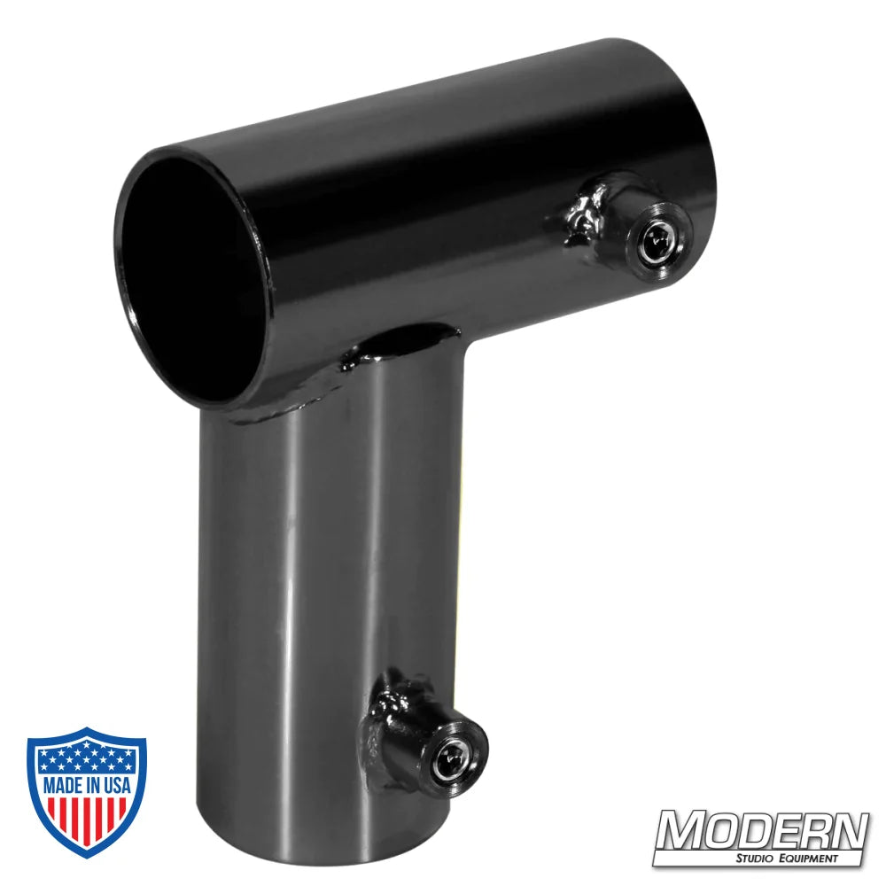 Black zinc Mini Corner fitting with set screws for 1-1/4" Speed-Rail® for rigging film grip equipment.