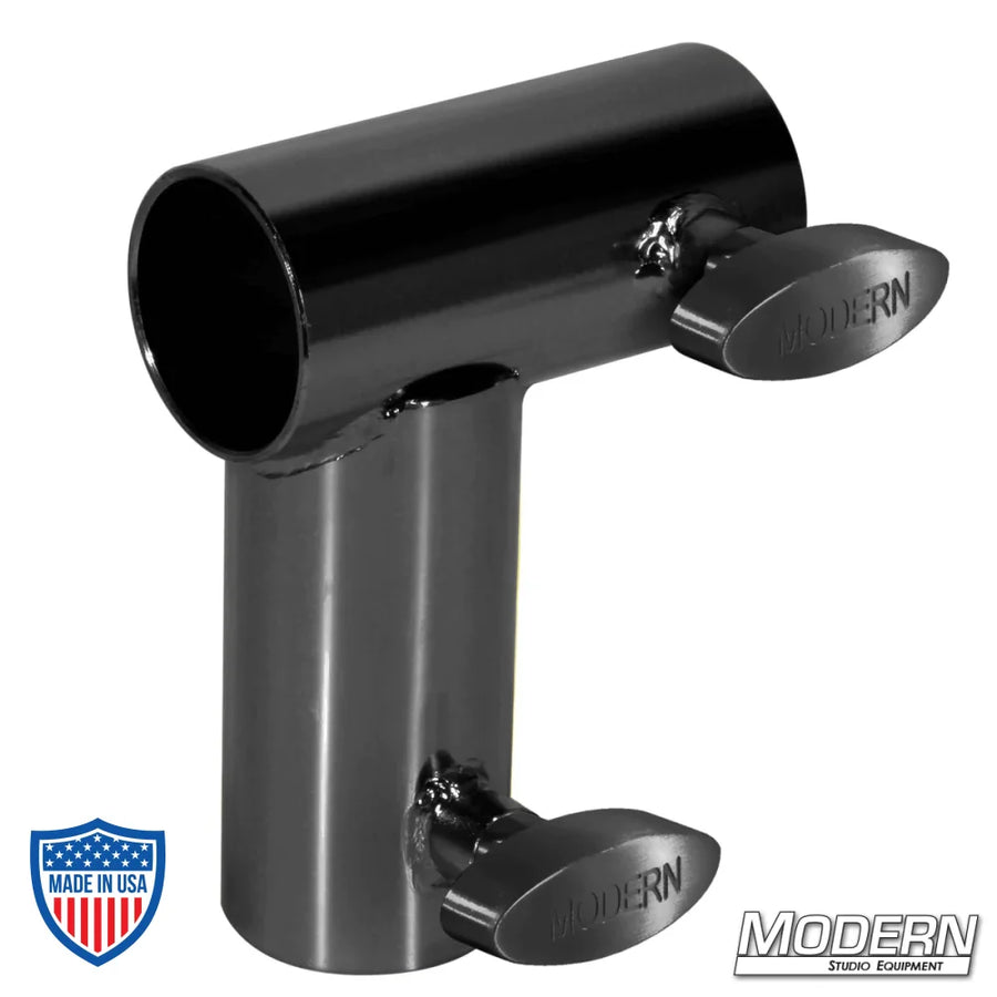Black zinc Mini Corner for 1-1/4" Speed-Rail® with T-Handles for film grip rigging – welded fitting for 90º corner connections.