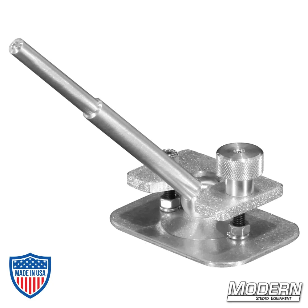 Mini Swivel Foam Core Holder with 3" x 4" flat aluminum plate and swivel pin for attaching foam core or mirror to gobo/grip head, used for film rigging.