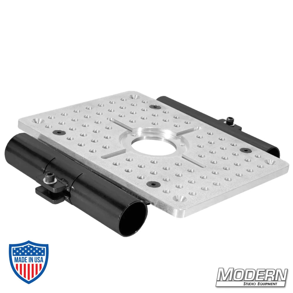 Mitchell Cheese Plate with Two 1-1/4" Slider Brackets in Black Zinc for Film Grip Rigging, featuring 10"x14" aluminum plate with 3/8" holes.