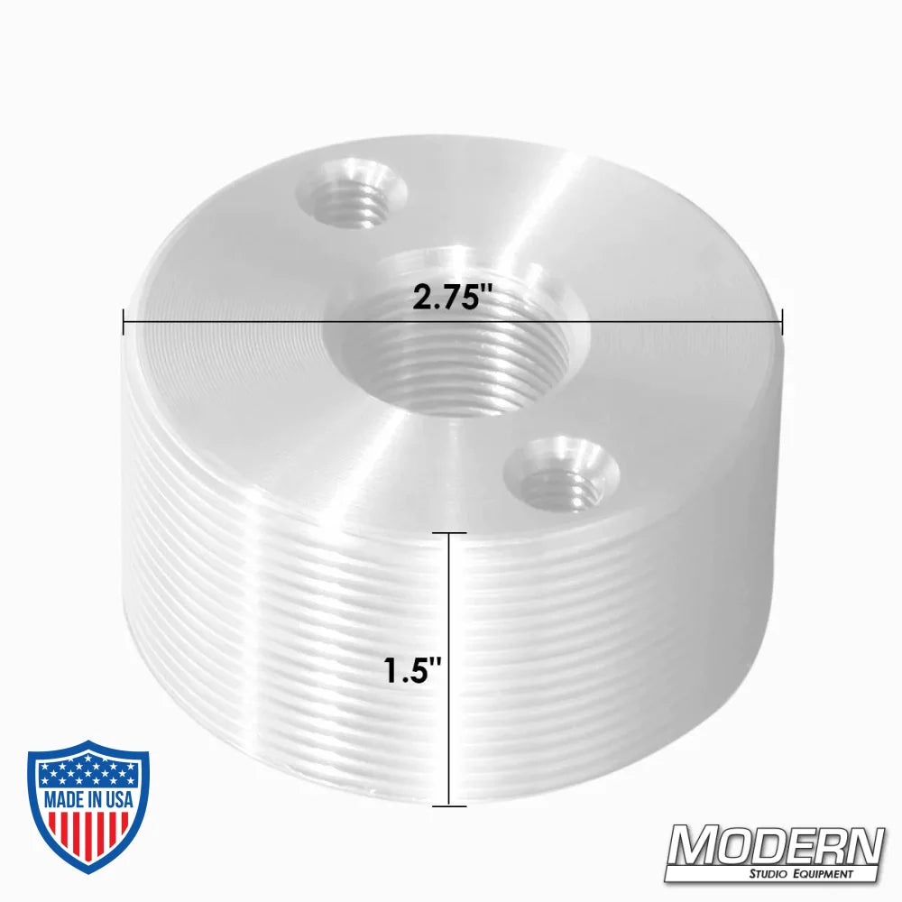 Mitchell thread aluminum industry standard for film grip and rigging, 1" center hole, dimensions 2.75" diameter, 1.5" height.