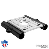 Mitchell Truss Plate with standard hole and two 1-1/2" slider brackets for film grip and rigging on Schedule 40 aluminum Speed-Rail.