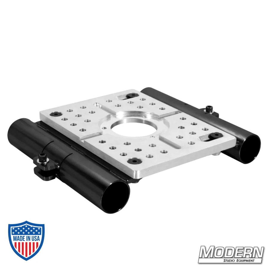 Mitchell Truss Plate with two 1-1/4" slider brackets for film grip rigging. Modern Studio Equipment branding visible.