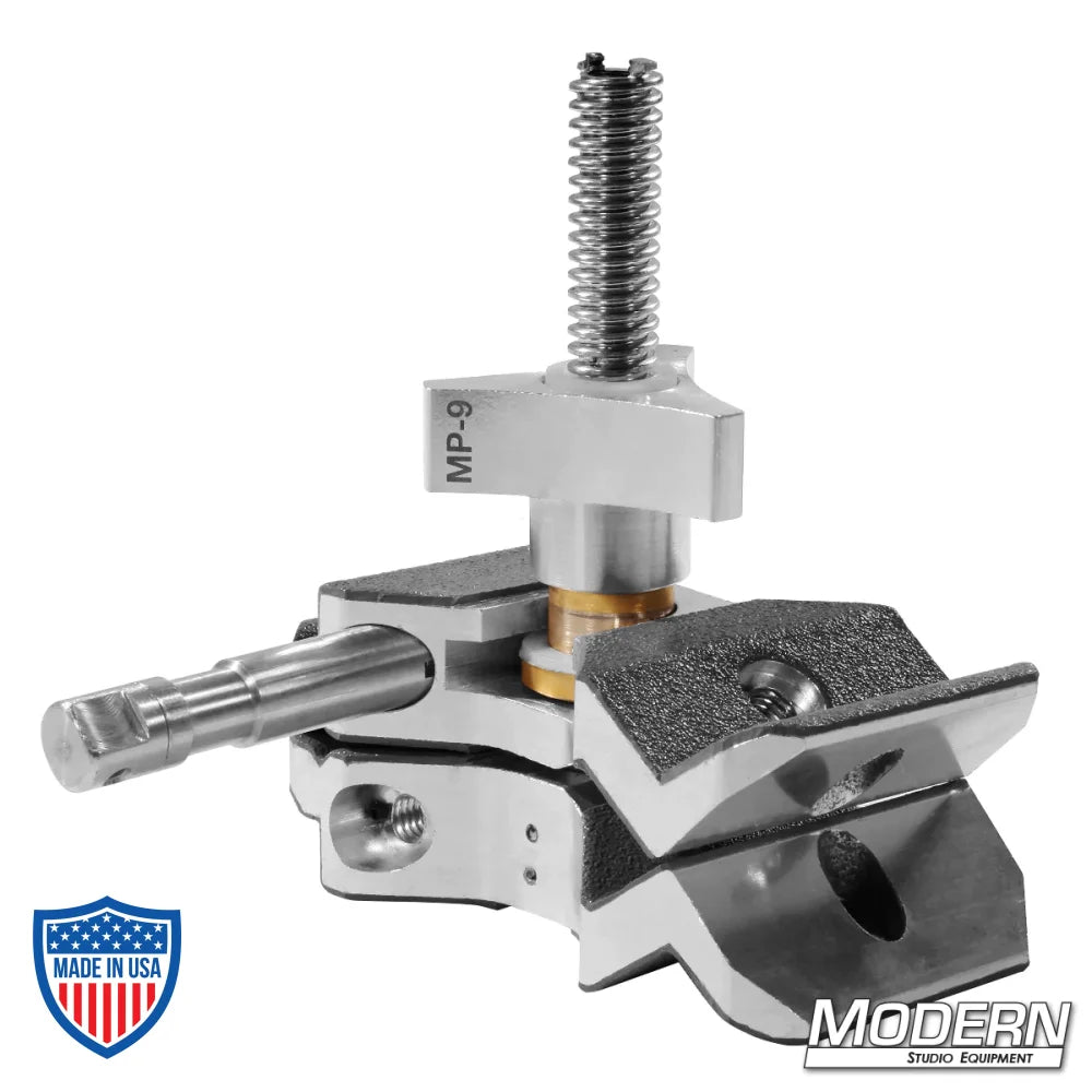 MP-9 film grip rigging clamp with 5/8" baby pin for versatile rigging, featuring 9 lockable positions and Acme thread design.