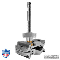 MP-9 film grip rigging clamp for versatile rigging, featuring a 5/8" baby pin, nine positions, capable of clamping tubing or rods from 3/8" to 4" diameter.