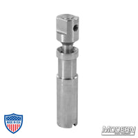 MP-9 pin with stainless steel thread for film grip rigging. Features two register notches to lock onto roll-pins, preventing pin twist.