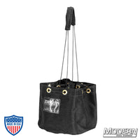 Black cordura nail and screw bag with four pockets and grommets, ideal for film grips and rigging professionals.