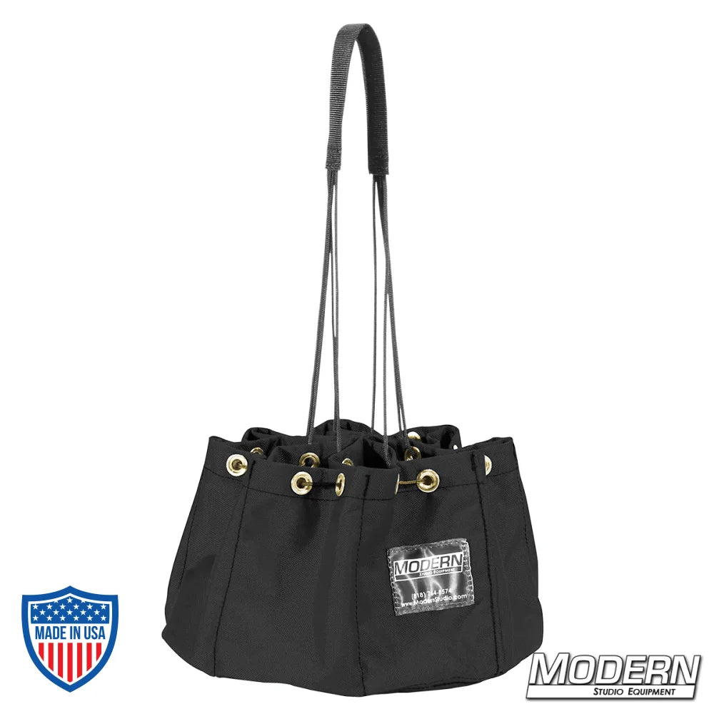 Black cordura nail and screw bag with 6 pockets for film grip rigging and organizing small parts, connectors, and fasteners.