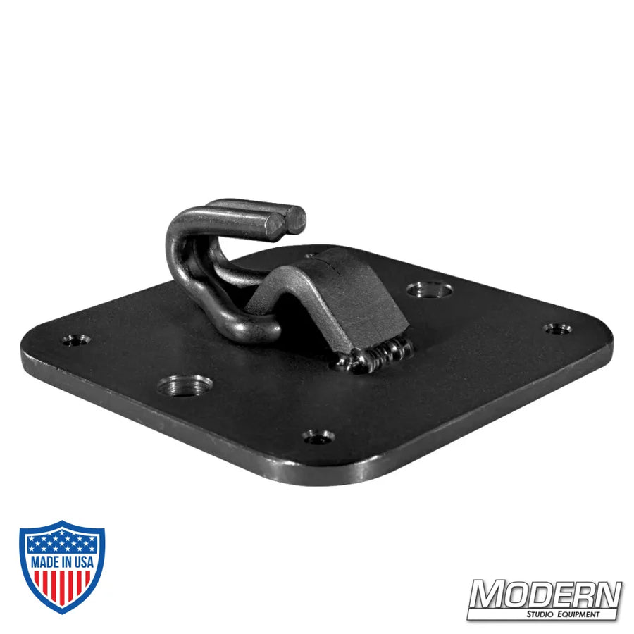 Black zinc nail on open-ended hook for film grip rigging.