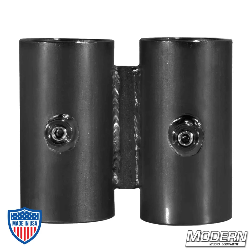 Narrow over and under for 1-1/2" Speed-Rail in black, steel film grip rigging fitting with set screws