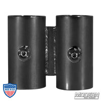 Narrow over and under for 1-1/2" Speed-Rail in black, steel film grip rigging fitting with set screws