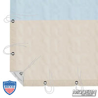 12' x 12' Natural Bounce muslin with sky blue and beige sections, webbing, grommets, and ties, for film grip and rigging, with storage bag.