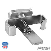 Steel Nerd Clamp for mounting wooden hi-hat to double sided step ladder, ideal for film grip rigging by Modern Studio Equipment.