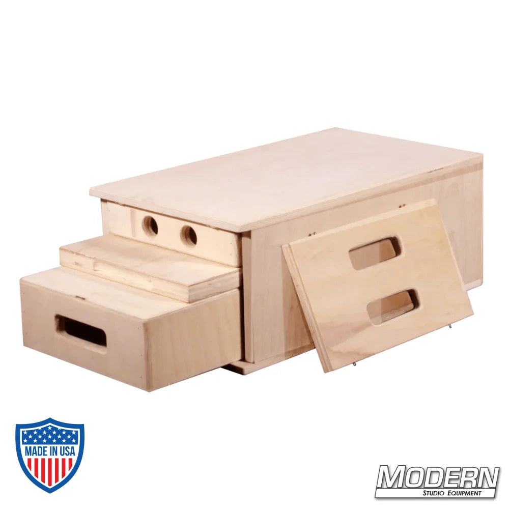 Nesting Apple Box set for film grip rigging including Full, Half, Quarter, and Pancake sizes with pull off side panel.